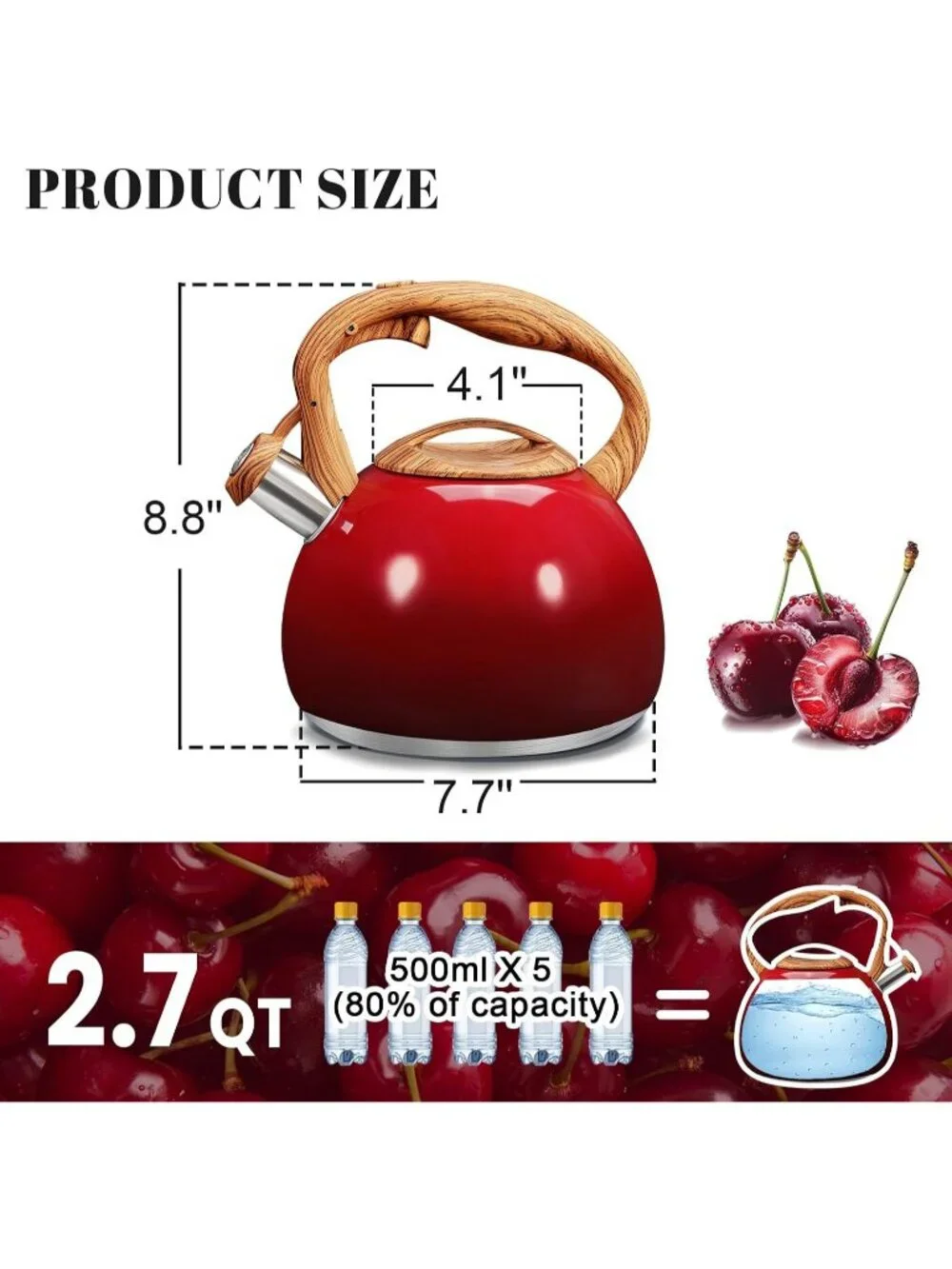 Kitchen Cherry Red Boiling Water Coffee or Milk Wood Pattern Handle Tea Kettle